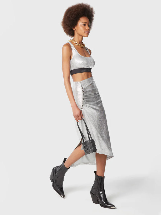Silver mid-length drapé pression slit skirt
