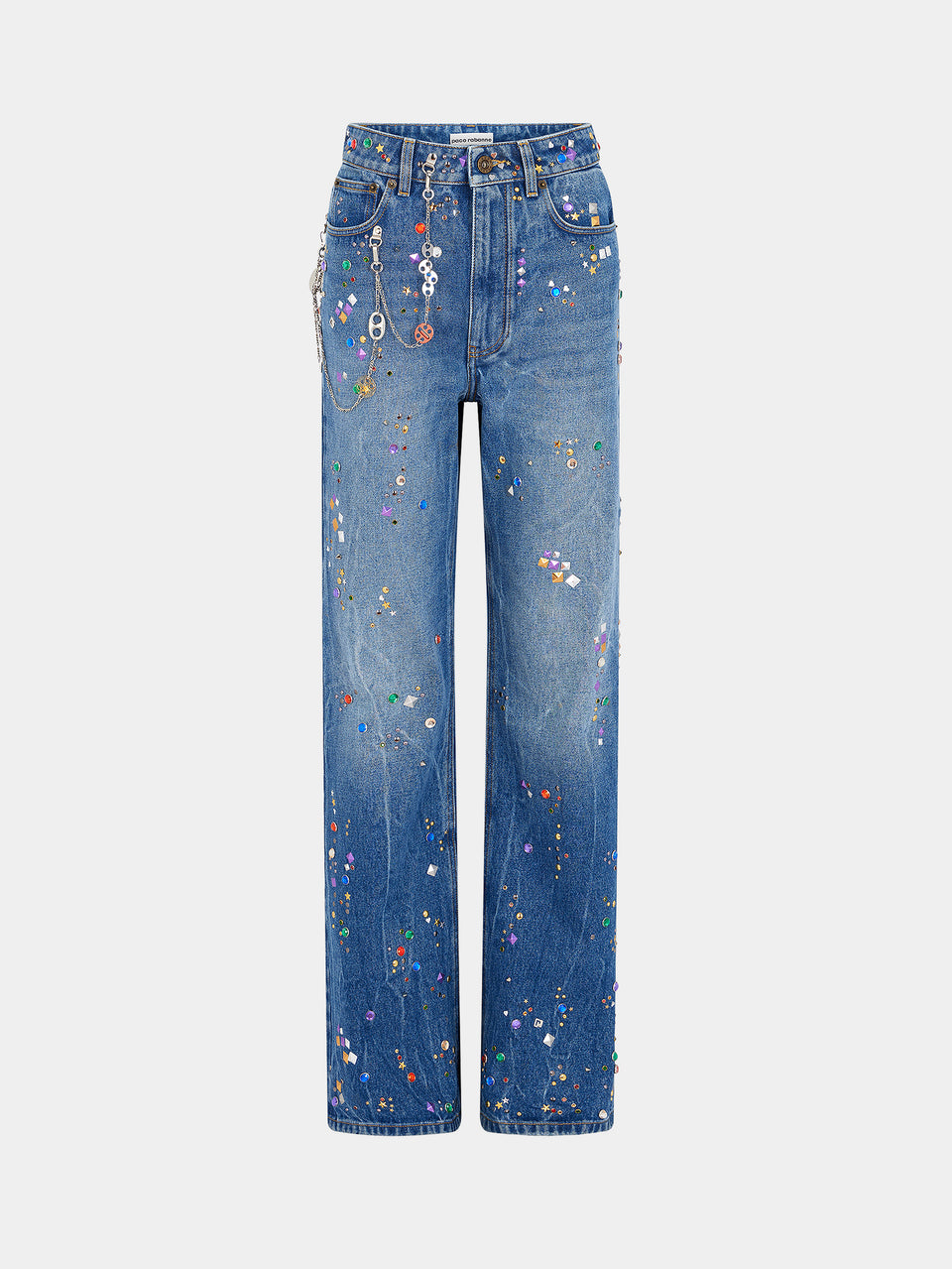 Denim jeans with multicolored rhinestones