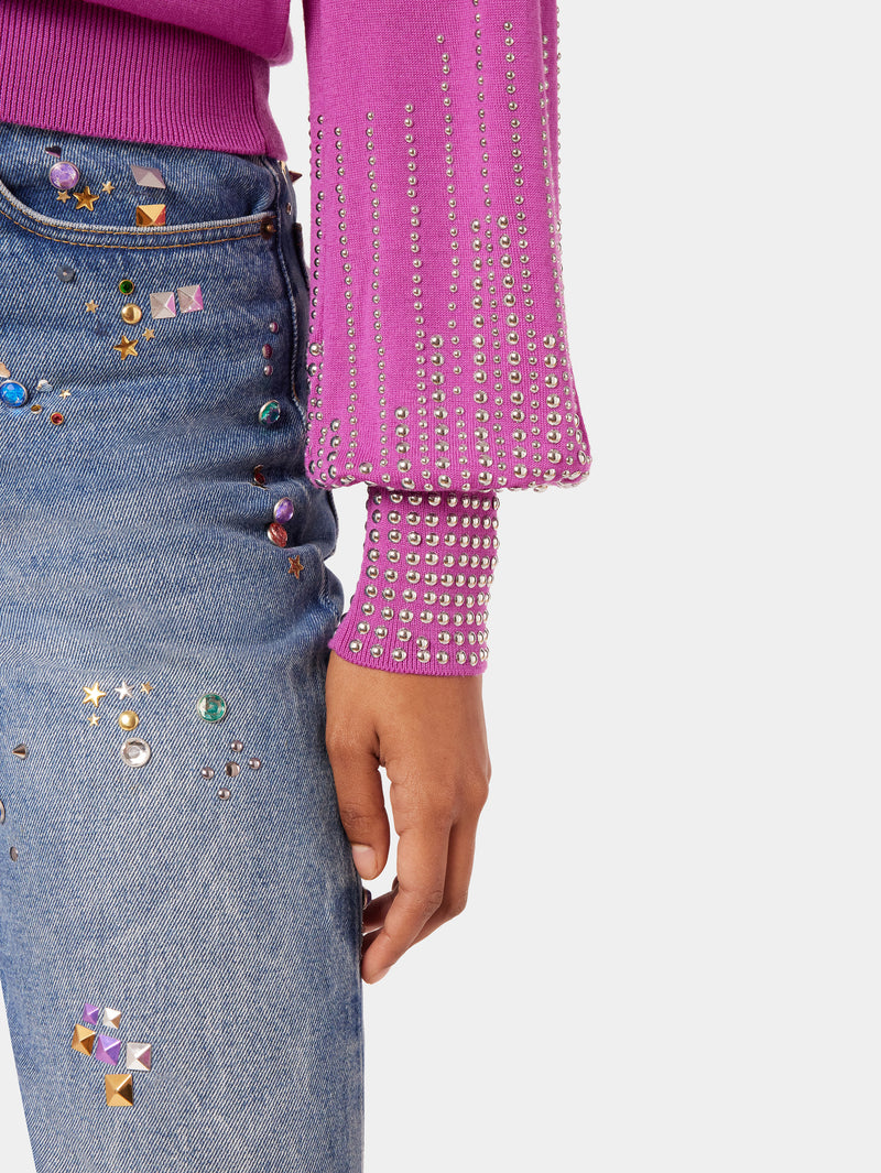 Denim jeans with multicolored rhinestones