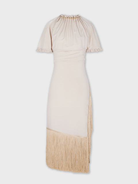 JERSEY CREAM ASYMMETRIC FRINGED DRESS WITH BEADS