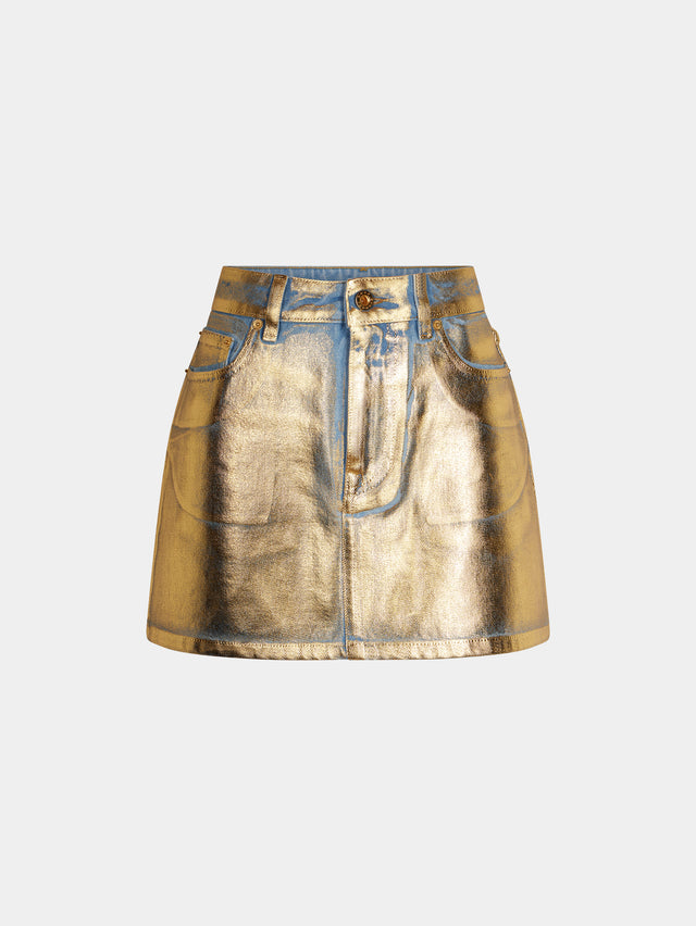 gold metallic denim skirt