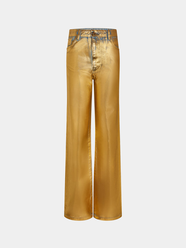 Gold metallic straight-leg pants