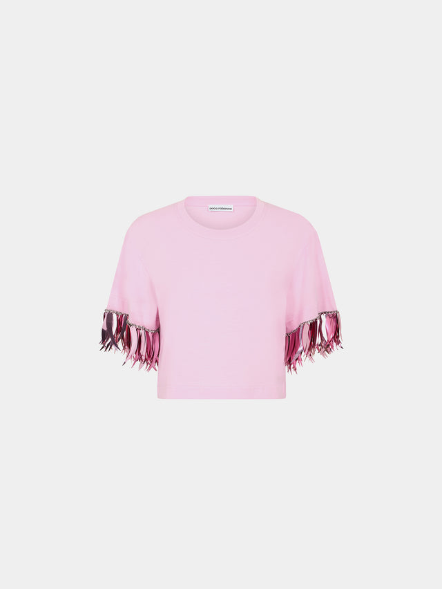 Pink shirt with metallic feathers