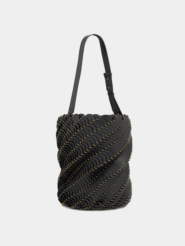 Large Black and Gold Paco bucket bag in leather