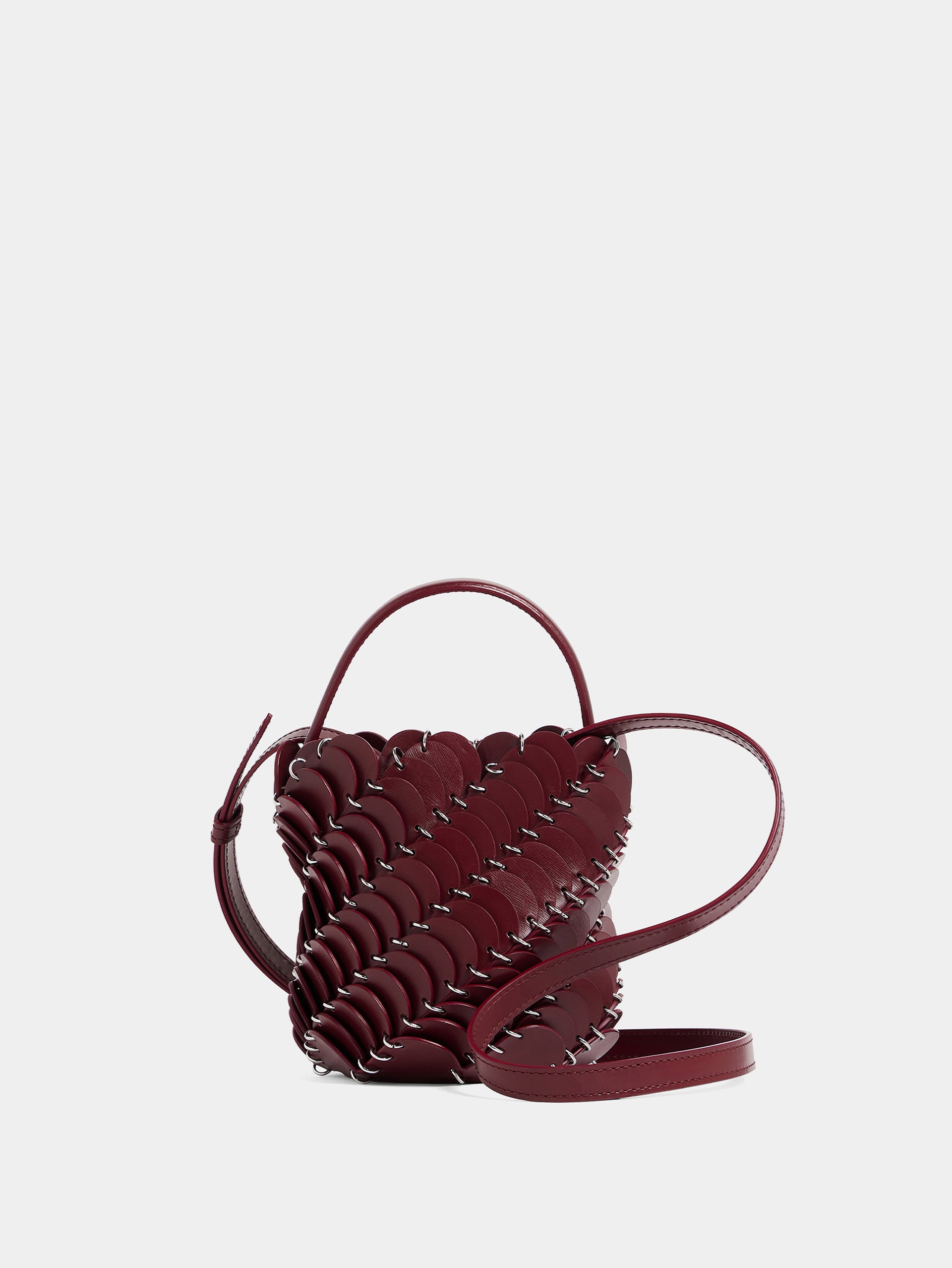 Small Merlot and Silver Paco bucket bag in leather