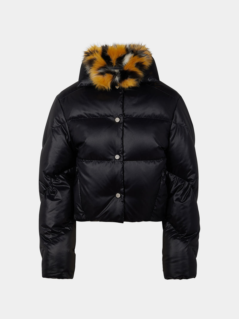 Black down jacket with leopard printed interior
