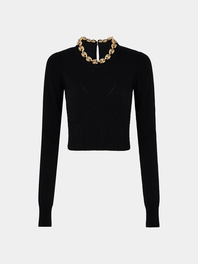 Black wool sweater with gold chain