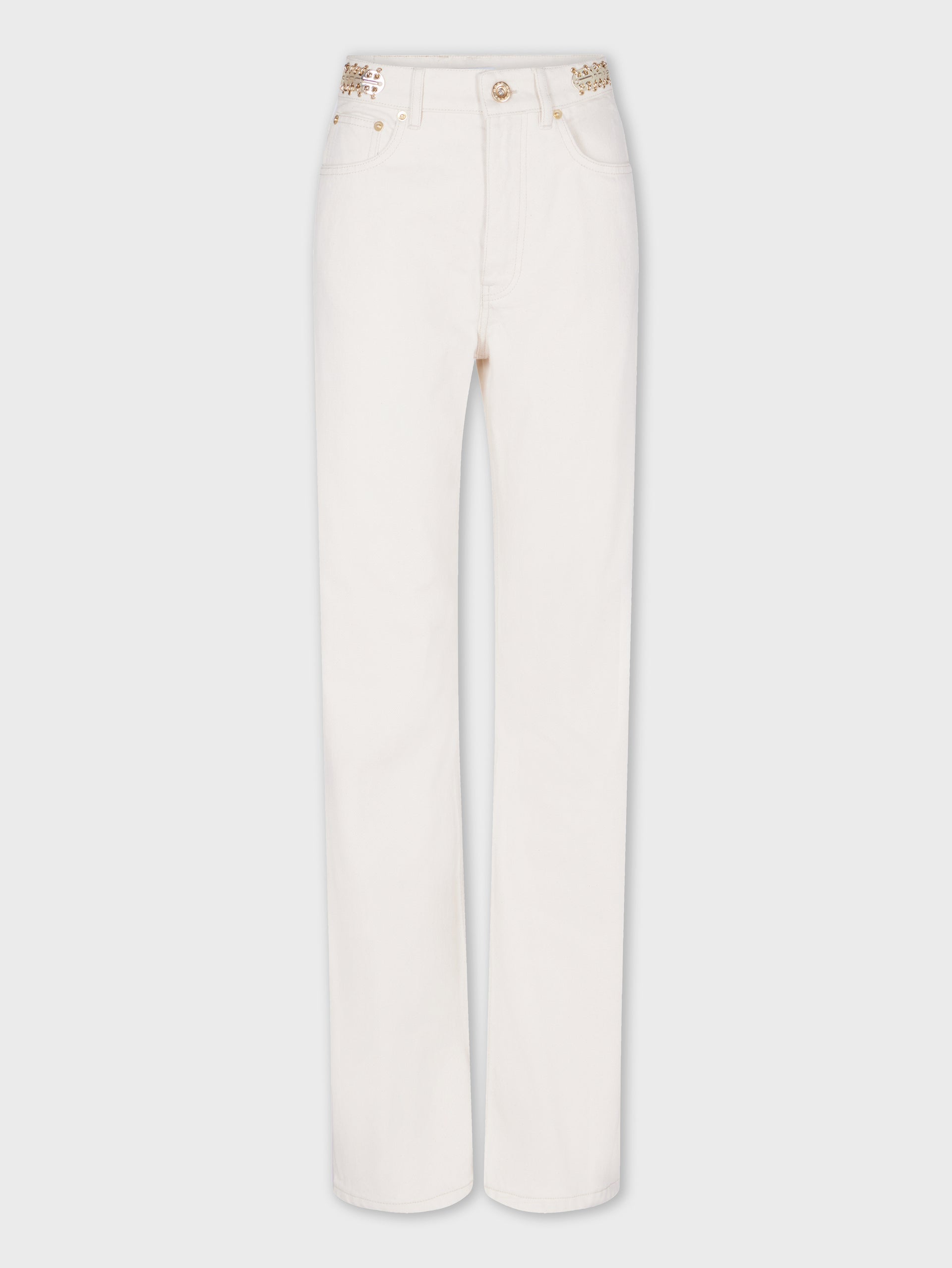 OFF WHITE DENIM FLARE JEANS WITH ASSEMBLY 1969 PASTILLES