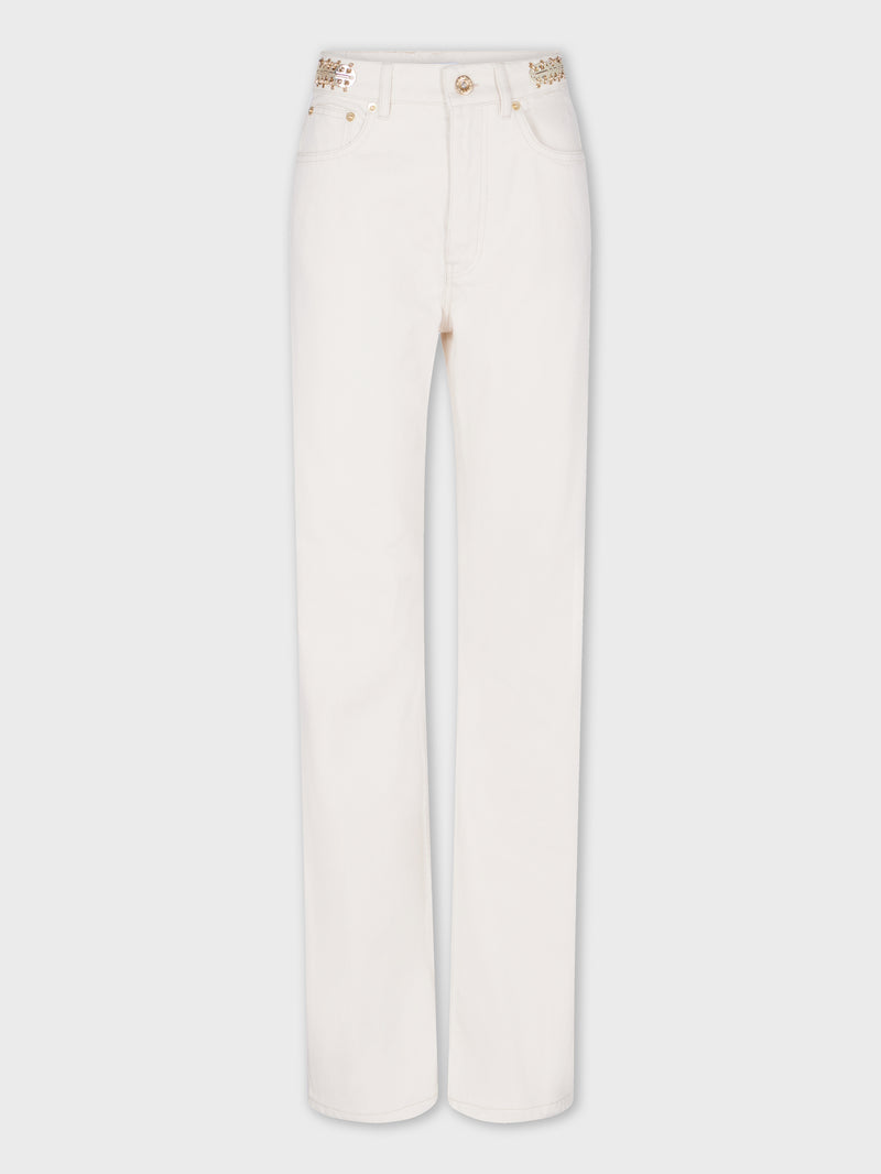 OFF WHITE DENIM FLARE JEANS WITH ASSEMBLY 1969 PASTILLES