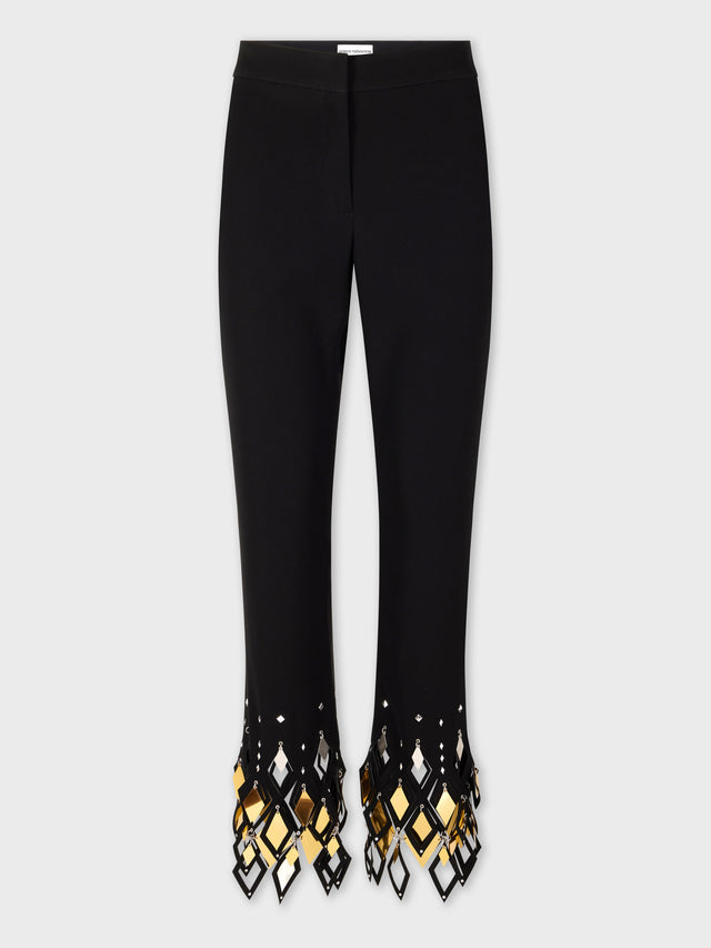 BLACK CREPE TROUSERS WITH DIAMOND-SHAPED ASSEMBLY