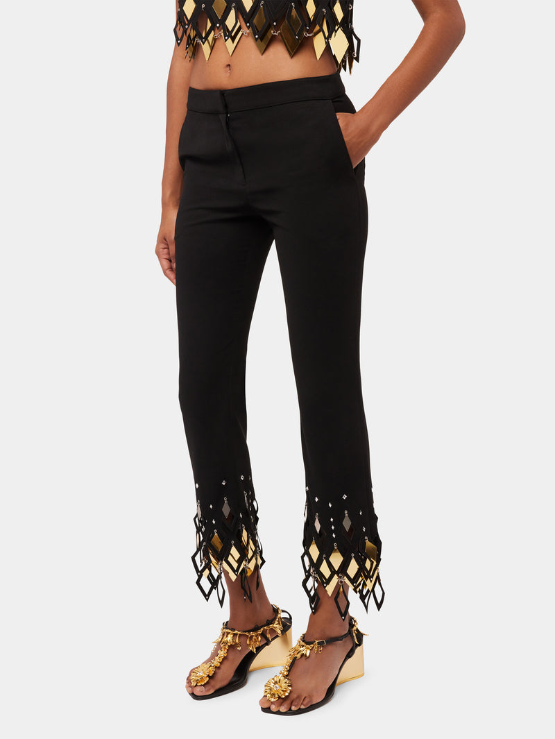 BLACK CREPE TROUSERS WITH DIAMOND-SHAPED ASSEMBLY