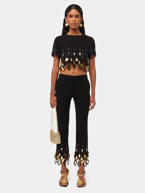 BLACK CREPE CROP TOP WITH DIAMOND-SHAPED LASER ASSEMBLY