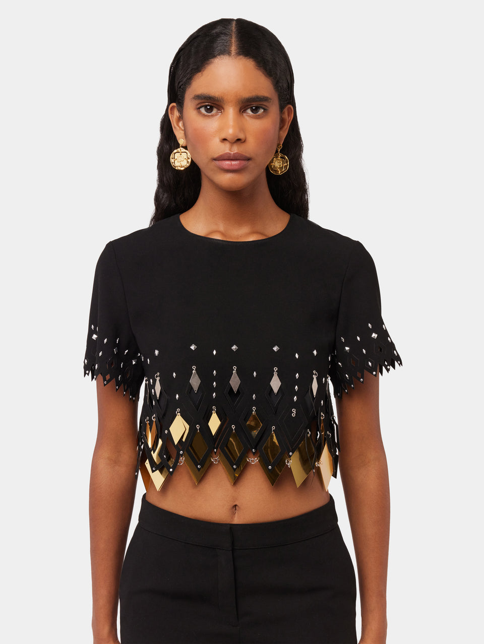 BLACK CREPE CROP TOP WITH DIAMOND-SHAPED LASER ASSEMBLY