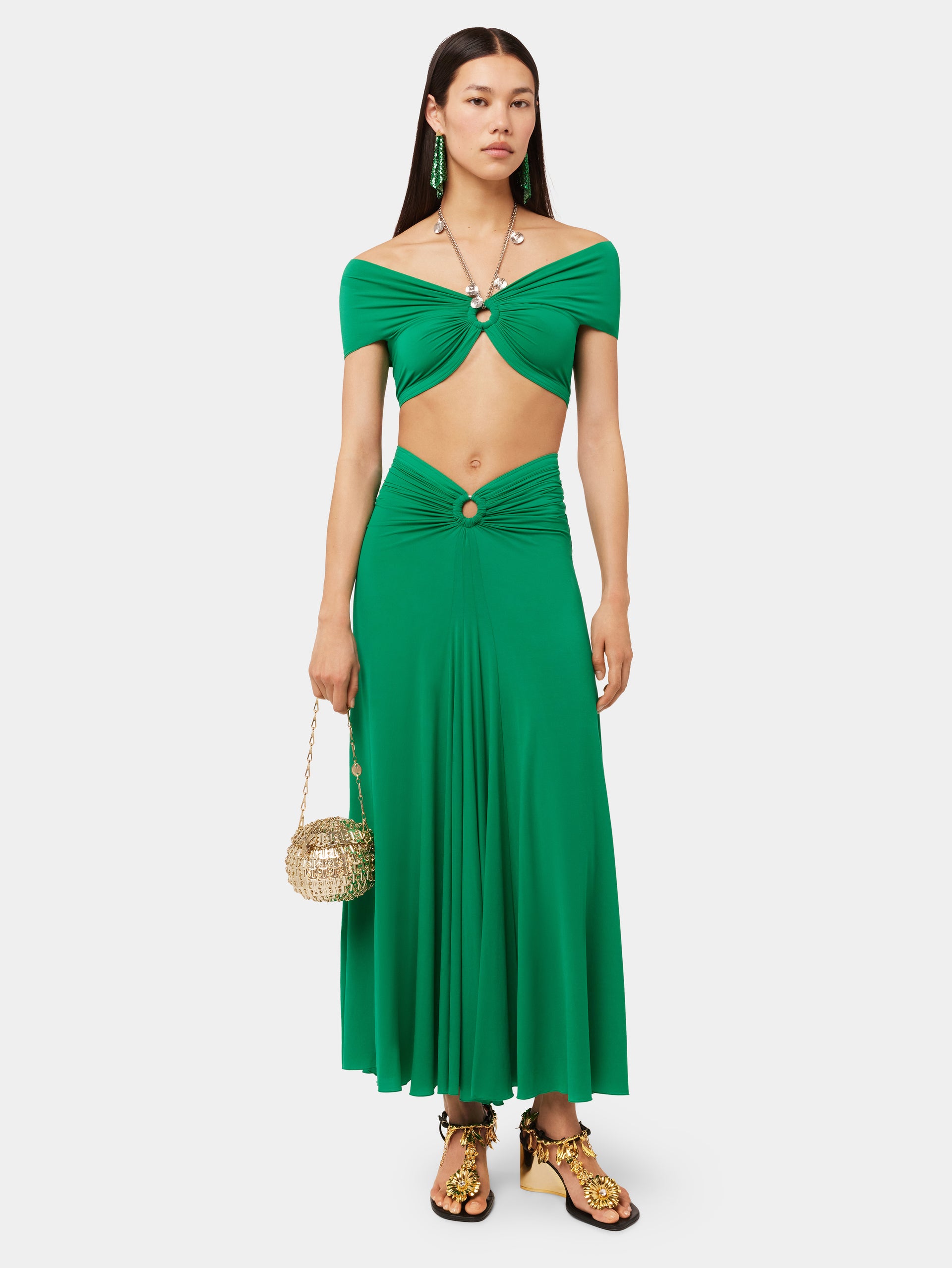 GREEN FLARED DRAPED SKIRT IN JERSEY