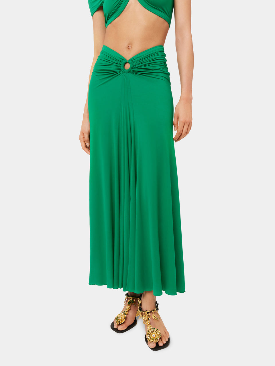 GREEN FLARED DRAPED SKIRT IN JERSEY