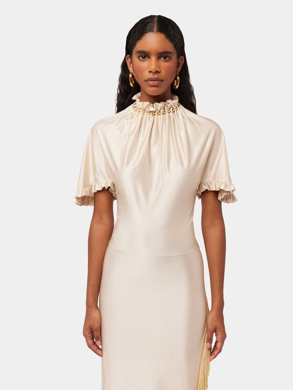JERSEY CREAM ASYMMETRIC FRINGED DRESS WITH BEADS