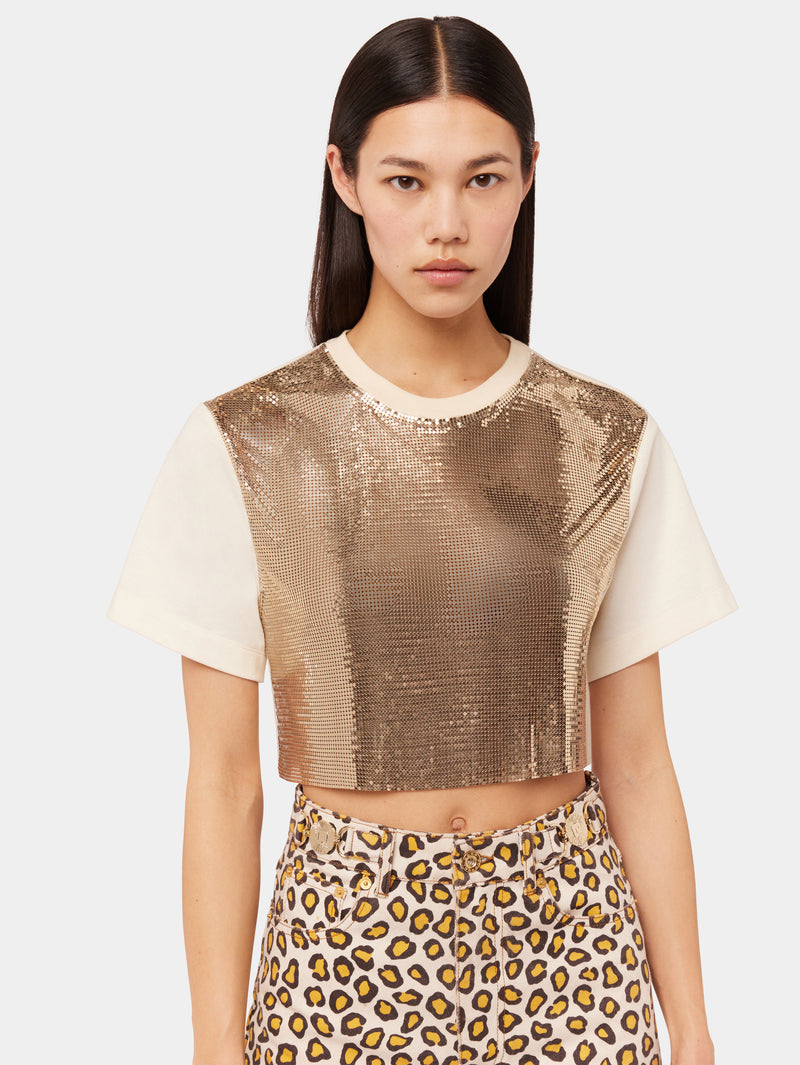 NUDE TOP IN SHINY MIX-MESH