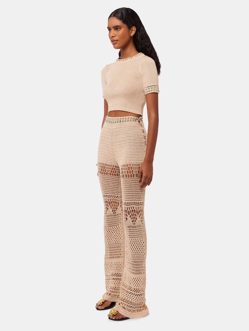 CROCHET FLARE PANT WITH PEARLS ON BELT