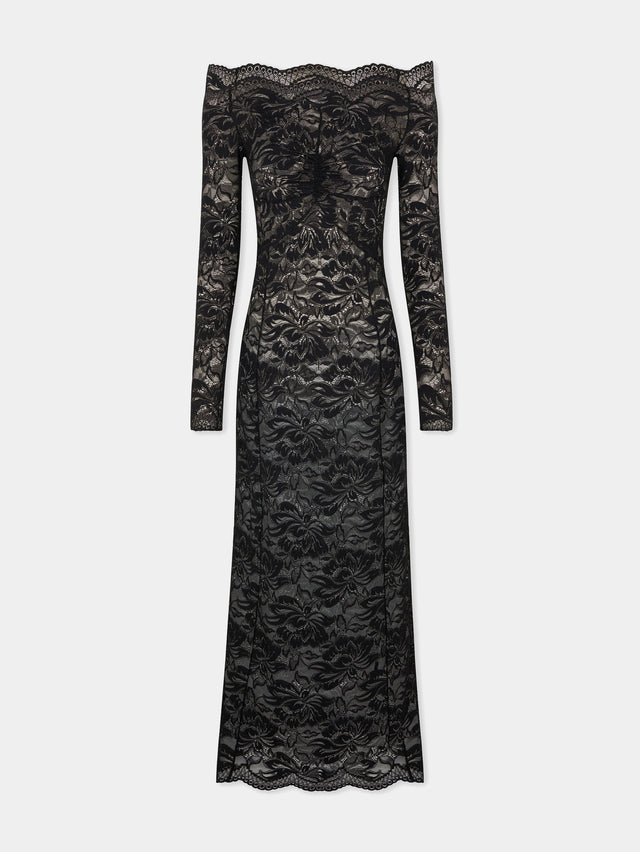 Black lace maxi dress with bardot collar