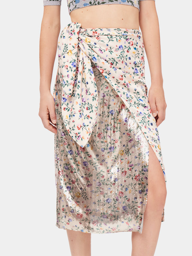 Maxi floral-printed beige skirt