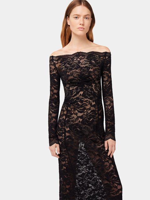 Black lace maxi dress with bardot collar